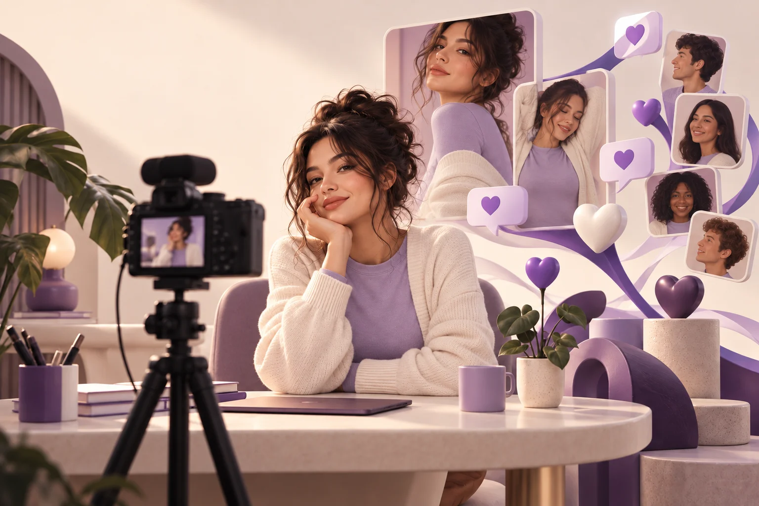 Whisperly Creator Earnings illustration of a creator recording original content, with video panels and purple audience-support hearts.